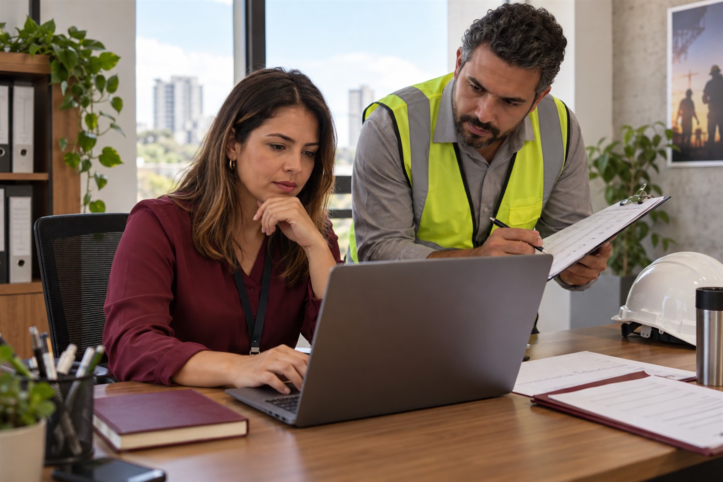 Equipe organiza informações ocupacionais em computador e checklist para o eSocial.