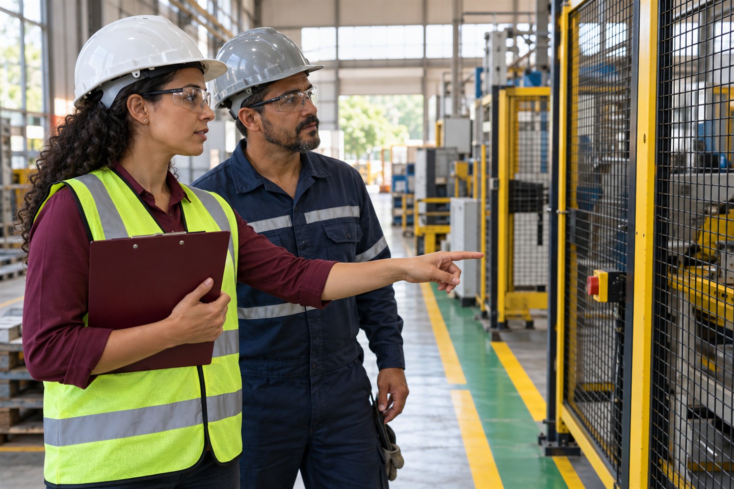 Engenheira e trabalhador verificam medidas de segurança em área industrial.