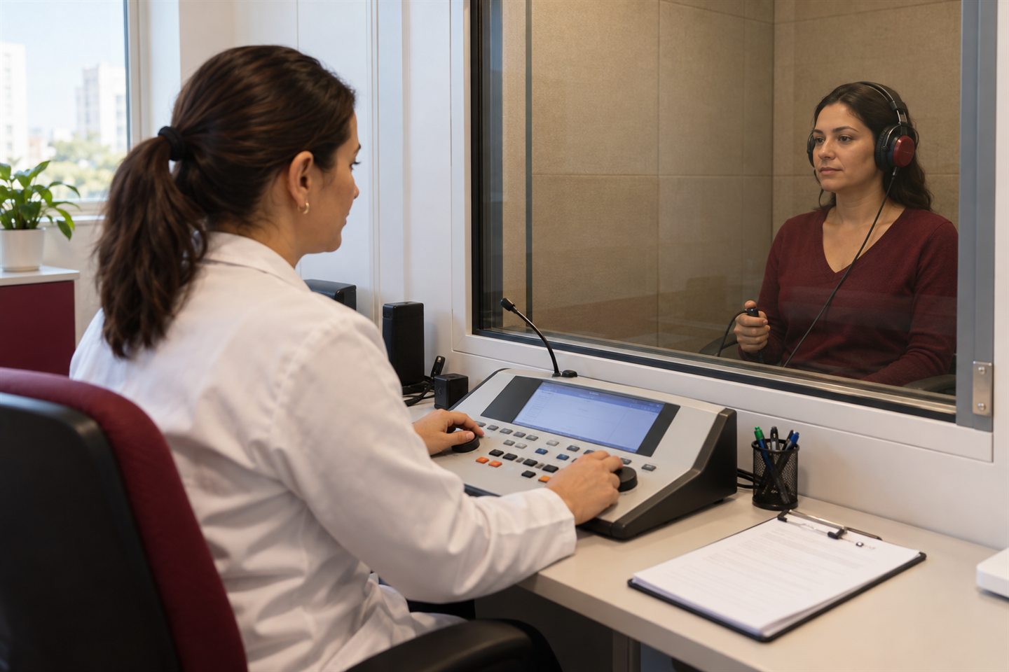 Cena ilustrativa de conversa entre médica e trabalhador durante atendimento ocupacional