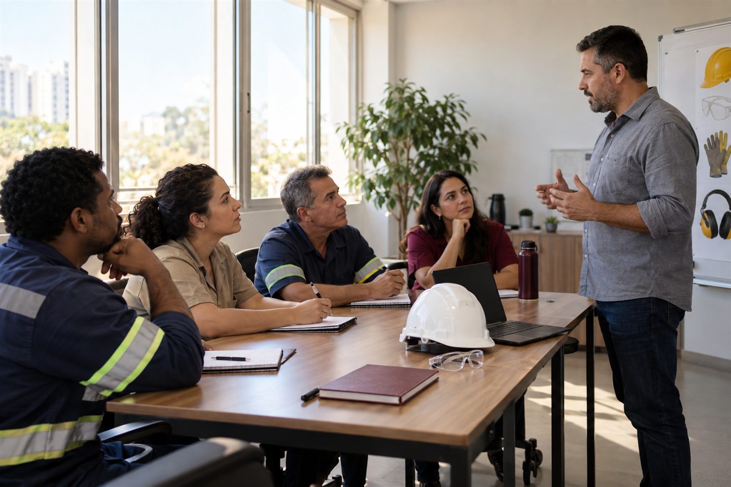Cena ilustrativa de profissionais com equipamentos de proteção revisando orientações de prevenção em um galpão